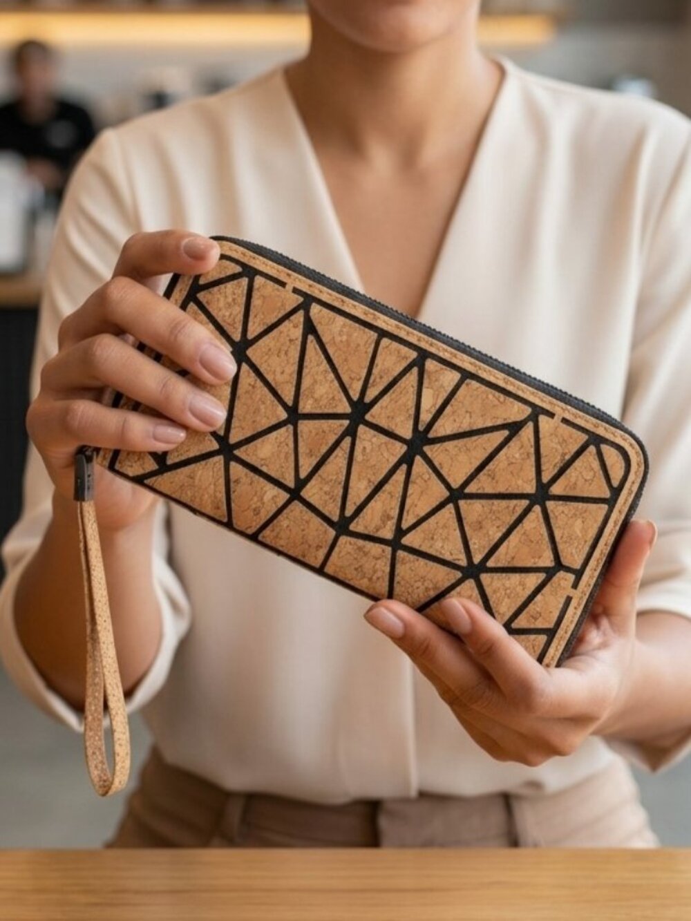 NWOT Cork Wallet Long Zipper Geometric Wristlet
